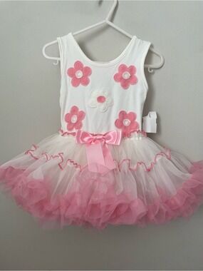 White Pink Flower Tutu Dress 12 Months